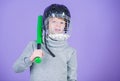 Healthy childhood. Baseball training concept. Boy in helmet hold baseball bat. Sport and hobby. Care about safety Royalty Free Stock Photo