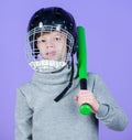 Healthy childhood. Join baseball team. Baseball training concept. Boy in helmet hold baseball bat. Sport and hobby. Care Royalty Free Stock Photo