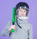 Healthy childhood. Join baseball team. Baseball training concept. Boy in helmet hold baseball bat. Sport and hobby. Care Royalty Free Stock Photo