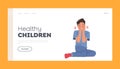 Healthy Children Landing Page Template. Sick Boy Sitting on Floor Cover Eyes with Hands. Kid Suffering of Ache or Pain Royalty Free Stock Photo