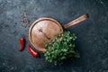 Healthy, clean food cooking and eating concept. Copper pan, colorful autumn vegetables on dark background. Top view Royalty Free Stock Photo