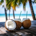 Healthy coconut water on a tropical beach