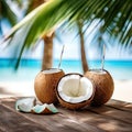 Healthy coconut water on a tropical beach