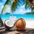 Healthy coconut water on a tropical beach