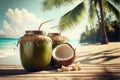 Healthy coconuts on tropical beach background