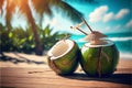 Healthy coconuts on tropical beach background