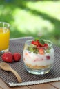 Healthy and colorful breakfast in the garden: Yoghurt with granola, strawberry and kiwi fruit