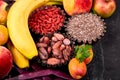 Healthy colorful food selection: fruit, vegetable, seeds, superfood Royalty Free Stock Photo