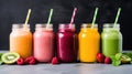Healthy colorful smoothies in glass bottles with straws and fresh berries on grey background. Generative AI