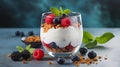 A healthy and colorful start to the day with granola, yogurt, and berries. Royalty Free Stock Photo