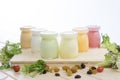 Healthy coloured yogurts with fruits and nuts