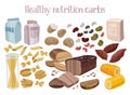 Healthy complex carbohydrates products. Diet food concept. Different cereals and beans, pasta, potatoes, corn. Royalty Free Stock Photo