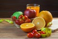 Healthy concept with mixed fruits and vegetables on wooden