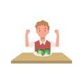 healthy concpet. A young happy boy eating vegetable and got strong by showing fist strong muscle. Flat vector cartoon illustration