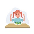 healthy concpet. A young happy girl eating vegetable and got strong by showing fist strong muscle. Flat vector cartoon