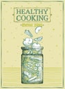 Healthy cooking menu plan, graphic illustration with fruits and vegetables in a glass jar