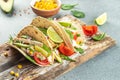 Healthy corn tortillas with grilled chicken, avocado, fresh tomatoes, limes. place for text, top view Royalty Free Stock Photo