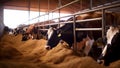 Healthy Cows Feeding on Hay in a Clean and Spacious Cowshed on a Dairy Farm. Generative AI