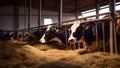 Healthy Cows Feeding on Hay in a Clean and Spacious Cowshed on a Dairy Farm. Generative AI