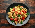 Healthy Creamy Hummus pasta with mushroom and roast tomatoes. vegan vegetarian, plant based. Royalty Free Stock Photo