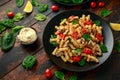 Healthy Creamy Hummus pasta with mushroom and roast tomatoes. vegan vegetarian, plant based. Royalty Free Stock Photo