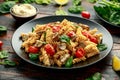 Healthy Creamy Hummus pasta with mushroom and roast tomatoes. vegan vegetarian, plant based. Royalty Free Stock Photo