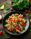 Healthy Creamy Hummus pasta with mushroom and roast tomatoes. vegan vegetarian, plant based. Royalty Free Stock Photo