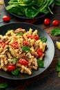 Healthy Creamy Hummus pasta with mushroom and roast tomatoes. vegan vegetarian, plant based. Royalty Free Stock Photo