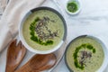 Healthy creamy soup with fresh ramson or wild garlic leaves