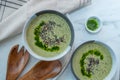 Healthy creamy soup with fresh ramson or wild garlic leaves Royalty Free Stock Photo