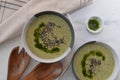 Healthy creamy soup with fresh ramson or wild garlic leaves Royalty Free Stock Photo