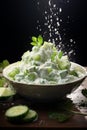 Healthy cucumber salad made with crisp cucumber slices, creamy Greek yogurt, and fragrant mint leaves, creating a light and Royalty Free Stock Photo