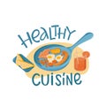 Healthy cuisine lettering sing with breakfast or brunch dish eggs, bacon, juice, beans, sausages. Vector stock