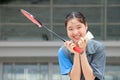 Healthy cute Badminton Asian Teen girl athlete sport player portrait happy smile Royalty Free Stock Photo