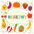 Healthy. Cute happy fruits and vegetables in vector.