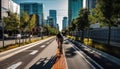 Healthy cyclist speeds through city traffic rush hour generated by AI