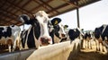 Healthy dairy cows feeding on fodder standing in row of stables in cattle farm barn with worker adding food for animals Royalty Free Stock Photo