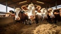 Healthy dairy cows feeding on fodder standing in row of stables in cattle farm barn with worker adding food for animals Royalty Free Stock Photo