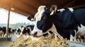 Healthy dairy cows feeding on fodder standing in row of stables in cattle farm barn with worker adding food for animals Royalty Free Stock Photo