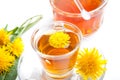 Healthy dandelion herbal tea and honey on white background
