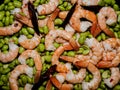 Healthy and delicious diet meal with shrimps, edamame beans and chili