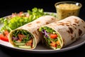 Healthy and Delicious Fresh Tortilla Wraps with Colorful Vegetables Arranged Beautifully on a Plate. created with Generative AI