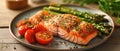 Healthy And Delicious Meal Featuring Baked Salmon, Asparagus, And Tomatoes