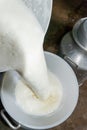 Pouring fresh milk from the bucket into the pitcher Royalty Free Stock Photo