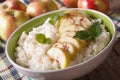 Healthy dessert: rice with apples and cinnamon close up. horizon