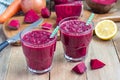 Healthy detox beetroot, carrot, apple and lemon juice smoothie, horizontal Royalty Free Stock Photo