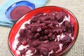 Healthy detox diet snack: Close up of isolated red bowl with pomegranate seeds, dried cranberries, aronia powder and white yoghurt Royalty Free Stock Photo