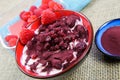 Healthy detox diet snack: Close up of isolated red bowl with pomegranate seeds, dried cranberries, aronia powder and white yoghurt Royalty Free Stock Photo