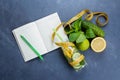 Healthy detox water with lime, lemon, cucumber and mint. Top view, copy space Royalty Free Stock Photo