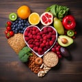 Healthy diet for the cardiovascular system with a heart-shaped plate of acai, lentils, fruits, tomato, turmeric Royalty Free Stock Photo